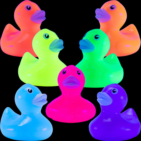Bulk (NO Capsule) Fluorescent Rubber Ducklings (2"/100ct) showing glow in dark