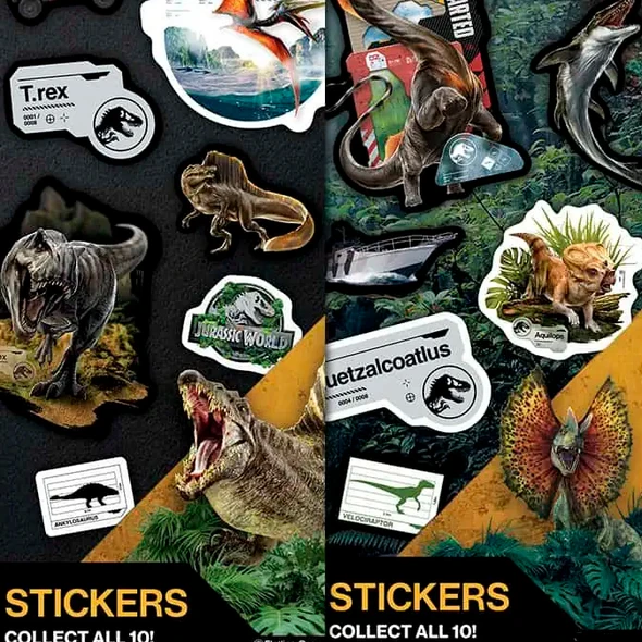 Jurassic World stickers display, lower half, showing some of the stickers in the collection