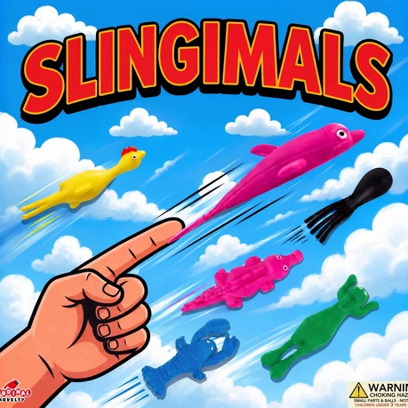 Slingshot Animals showing typical styles and colors in the box, but in flight
