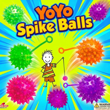 Spikey Stretch YoYos display card showing samples of toys in the mix