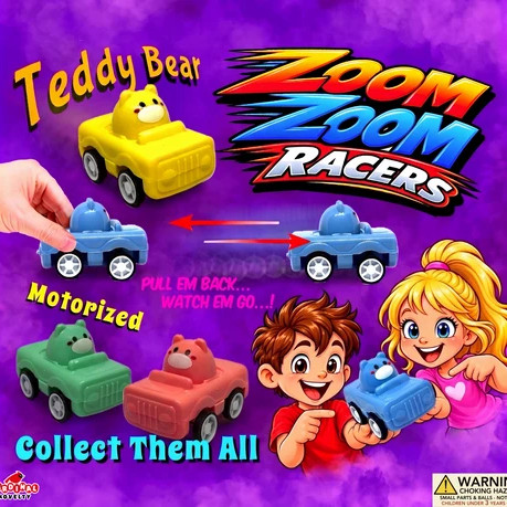 Mini Motor Teddy Bear Pull-Back Racecars showing samples of the color and design in the box