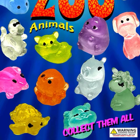 Teensy Neon Zoo Figurines lower part of the display card showing the type and colors of figurine that can be in the bag