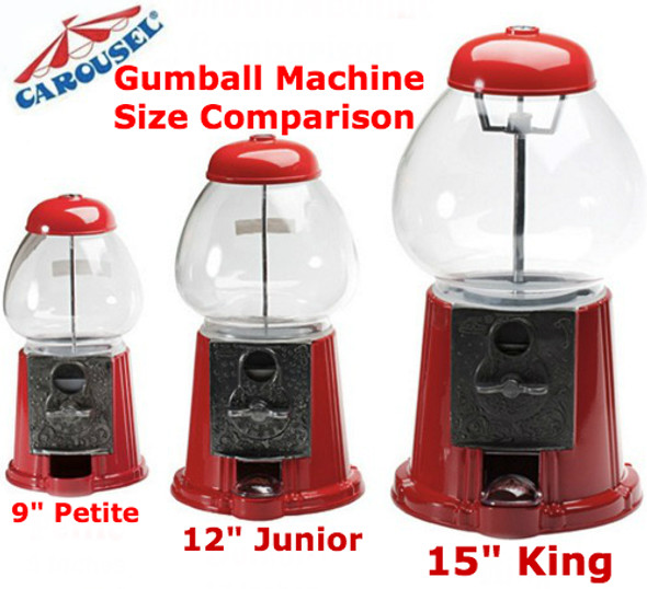 King Carousel Gumball Machine on the right, smaller styles on the left and in the center King Carousel Gumball Machine on the right, smaller styles on the left and in the center