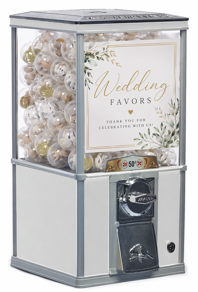Wedding version of the White Northern Beaver vending machine with white body and showing capsuled favors, wedding-whitemachines-260417