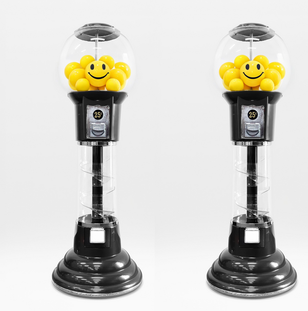 2 BLACK spiral gumball machines with AI generated exaggeratedly large yellow smiley gumballs 2 BLACK spiral gumball machines with AI generated exaggeratedly large yellow smiley gumballs