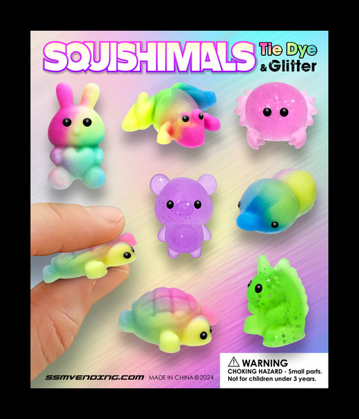 Display card showing the Tie-Dye Glittery Squishimals that may occur in the mix of 1"Capsules
