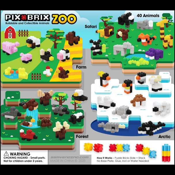 display card for the Pix Brix  toys in 2-inch capsules, showing samples of one-piece toys that may appear in the mix.