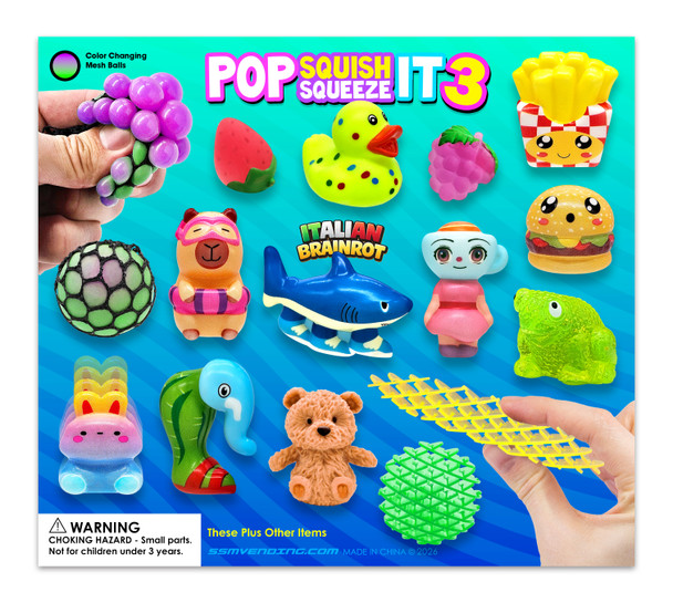 display card showing sample variety of toys included in the Pop Squish Squeeze Mix in 2-inch capsules.