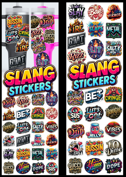 display card showing the stickers that may appear in the Slangy Stickers vending flat-vend collection