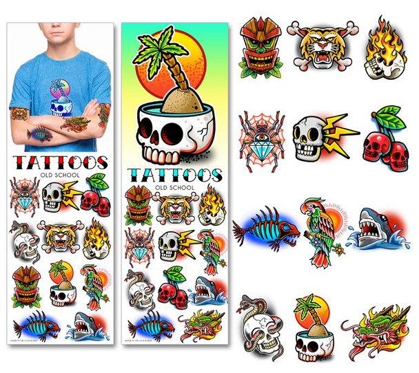 Old School display cards and details for the tattoos