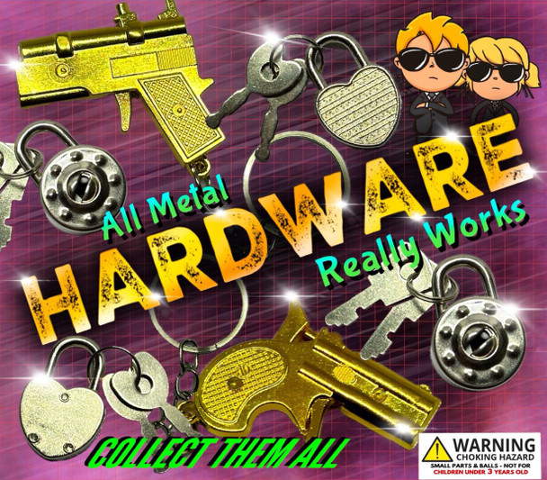 Full Metal Hardware Keychains & More display card showing likely toys in the mix