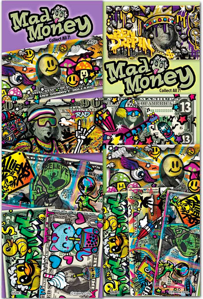 Mad Money Bills Flat-Vend display showing the 7 varieties of fake money in the mix
