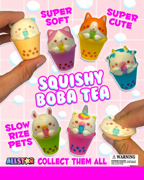 Boba Tea Squishy Toy Animals display card. showing the style & squish of toys in the 2"Capsules