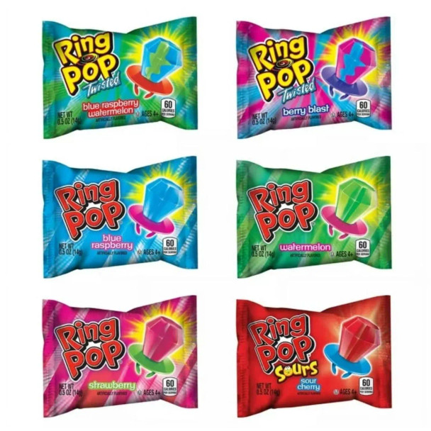 bulk Ring Pops showing the wrappers and some of the possible styles of candy in the collection.