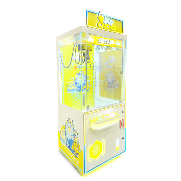 Quartering right view of Yellow Joy Catcher vending machine, ideal for 7-9" plush stuffed animals