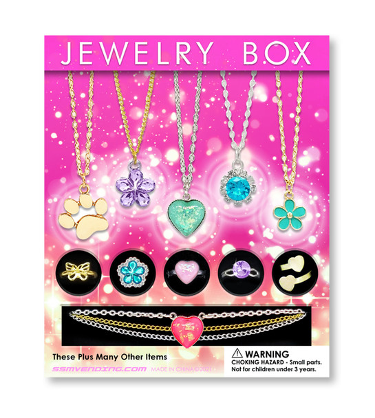 Jewelry box display card showing the types and quality of jewelry that could be in the mix