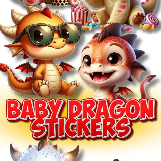 Adorable Infant Dragon  display card showing types of stickers in the mix