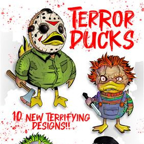 Terror Ducks display card showing types of stickers in the mix
