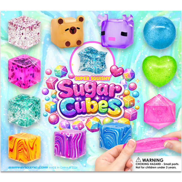 Mix Including Sugar Squishy Cubes & More  in 2 inch capsules showing the types of toys in the mix