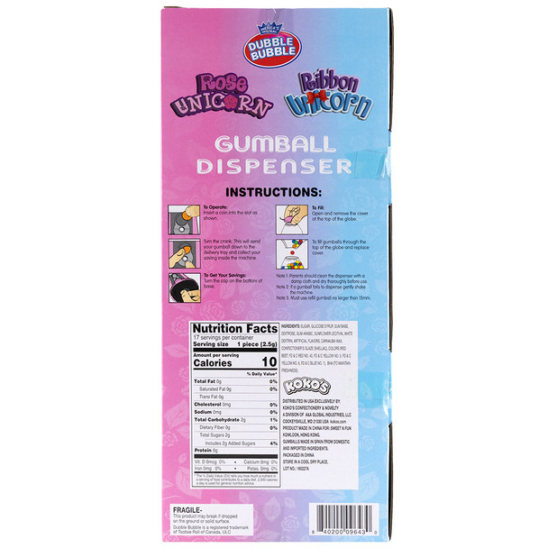 Dubble Bubble Unicorn Gumball Machine Bank (12"/12pc) nutrition and instructions on back of box