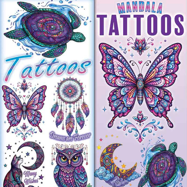 Mandala Tattoos display card showing the upper part of the display care with lovely geometric depictions of creatures of awe and wonder