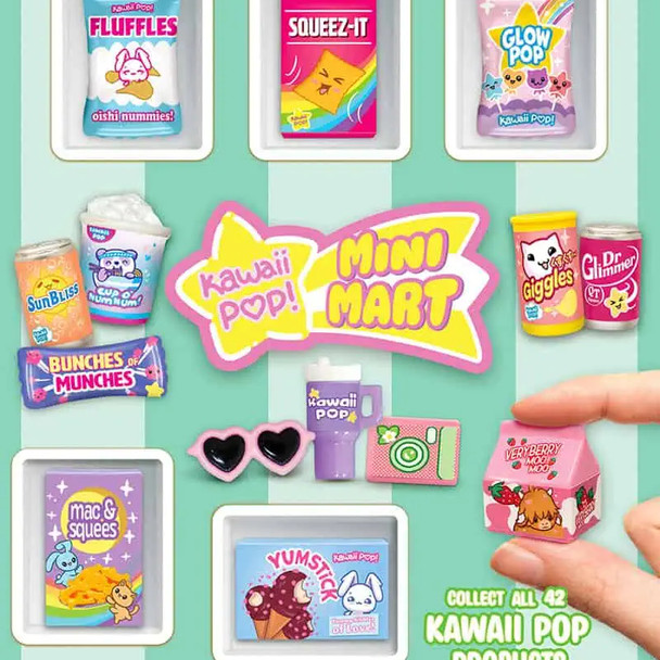 Kawaii Mini Mart Punnables display, square, showing just a few of the cute figurines and slogans in the mix