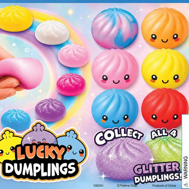 Display card showing samples of similar products to the Lucky Dumplings Squish toys