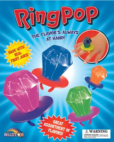 Ring Pops 2.2"Capsules display showing relative size to a child's hand and sampling of colors