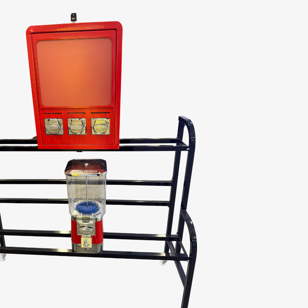 sticker machine on a rack with Cash Box Pro supreme on the lower shelf, showing the cash box does not impede operation of sticker machine