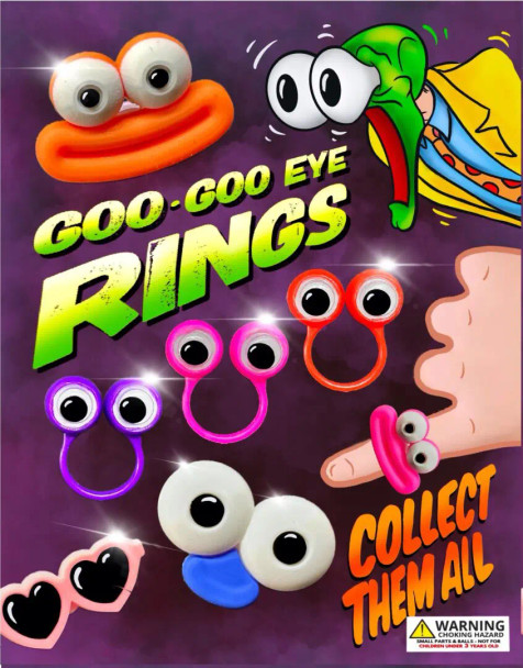 Display card for the Goo-Goo Eye Rings which come in 1"Capsules