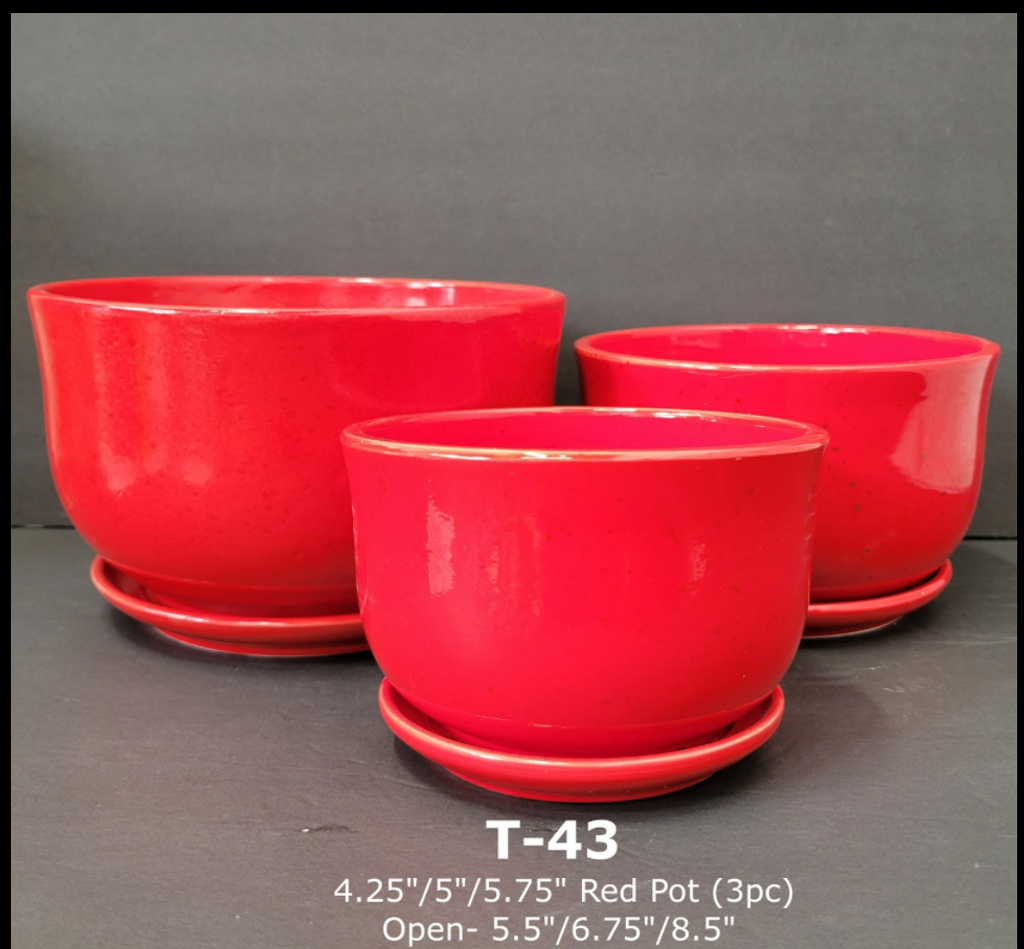 Ceramic Wide Mouth Red Pot & Saucer 4.25" 5" 5.75"
