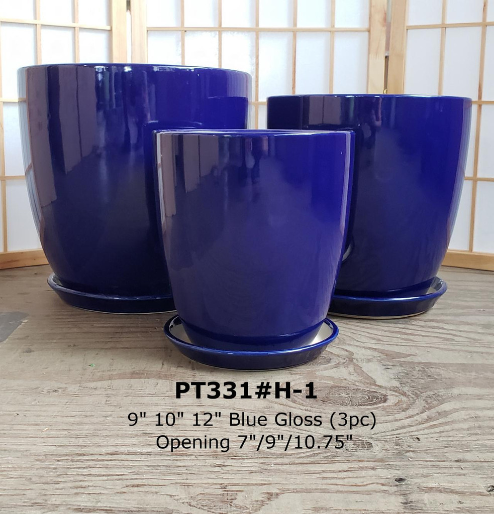 Ceramic Blue Gloss Pot & Saucer 9" 10" 12"