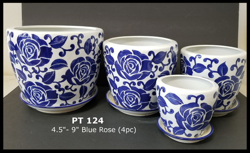 Ceramic Blue Rose Pot & Saucer