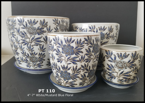Ceramic White Mustard Blue Floral Pot & Saucer