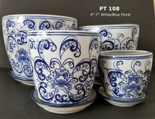 Ceramic White Blue Floral Pot & Saucer