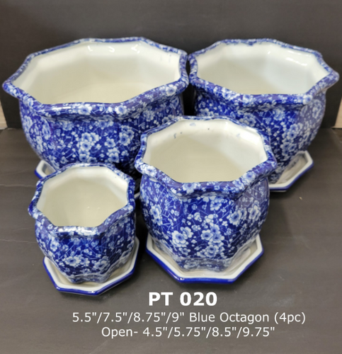 Ceramic Octagon Pot & Saucer Blue Blossom