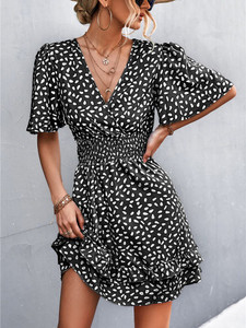 Sexy V Neck Mini Dress For Women Fashion Floral Slim Short Dresses Female Lotus Leaf Sleeve Elegant Dress Summer Vestido Mujer Sexy V Neck Mini Dress For Women Fashion Floral Slim Short Dresses Female Lotus Leaf Sleeve Elegant Dress Summer Vestido Mujer