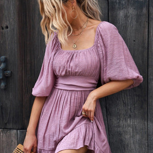 Women's Dresses Lantern Sleeves Dress; Square Neck Ruffle Back Lace Up Summer Dress; Women's Clothing Women's Dresses Lantern Sleeves Dress; Square Neck Ruffle Back Lace Up Summer Dress; Women's Clothing