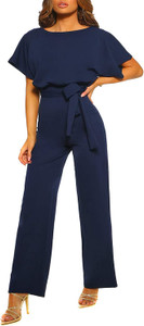 Women Casual Loose Short Sleeve Belted Wide Leg Pant Romper Jumpsuits Women Casual Loose Short Sleeve Belted Wide Leg Pant Romper Jumpsuits