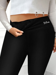 Plus Size Casual Leggings, Women's Plus Letter Print Liner Fleece High Rise Slight Stretch Leggings Plus Size Casual Leggings, Women's Plus Letter Print Liner Fleece High Rise Slight Stretch Leggings