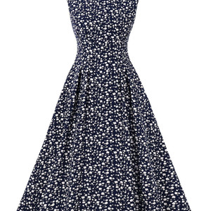 Floral Print Round Neck Sleeveless Ruffled Dress; Vintage High Waist Stylish Pleated Dress; Women's Clothing Floral Print Round Neck Sleeveless Ruffled Dress; Vintage High Waist Stylish Pleated Dress; Women's Clothing