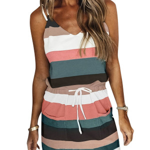 Striped Drawstring Lace Up Dress; Pocket V-neck Sleeveless Dress; Women's Clothing Striped Drawstring Lace Up Dress; Pocket V-neck Sleeveless Dress; Women's Clothing