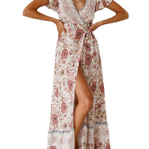 Floral Print Bohemian Maxi Dress; V Neck Short Sleeve Dress For Spring & Summer; Women's Clothing Floral Print Bohemian Maxi Dress; V Neck Short Sleeve Dress For Spring & Summer; Women's Clothing