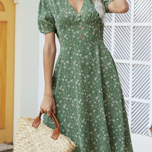 Women's Dresses Women's Short Puff Sleeve V Neck Dress Button Front Floral A Line Midi Dresses Women's Dresses Women's Short Puff Sleeve V Neck Dress Button Front Floral A Line Midi Dresses