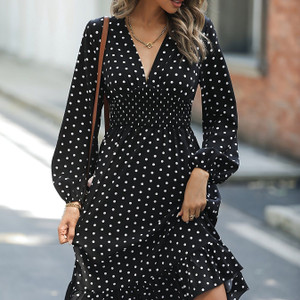 Retro V-neck Ruffle Dress; Polka Dot Print Long Sleeve Waist Loose Summer Dresses; Women's Clothing Retro V-neck Ruffle Dress; Polka Dot Print Long Sleeve Waist Loose Summer Dresses; Women's Clothing