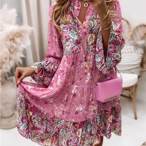 Floral Print Ruffle Hem Dress; Boho Holiday Long Sleeve V-neck Dress; Women's Clothing Floral Print Ruffle Hem Dress; Boho Holiday Long Sleeve V-neck Dress; Women's Clothing