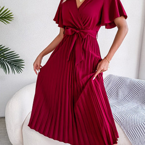 High Waist Pleated Maxi Dress; Elegant Tie Up Ruffled Sleeve Loose Dress; Women's Clothing High Waist Pleated Maxi Dress; Elegant Tie Up Ruffled Sleeve Loose Dress; Women's Clothing
