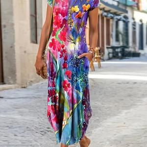 Floral Print Pocket Dress; Casual Short Sleeve Crew Neck Dress; Women's Clothing Floral Print Pocket Dress; Casual Short Sleeve Crew Neck Dress; Women's Clothing