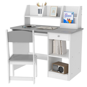 Qaba Kids Desk and Chair Set with Storage, Study Desk with Chair for Children 5-8 Years Old, Gray Qaba Kids Desk and Chair Set with Storage, Study Desk with Chair for Children 5-8 Years Old, Gray