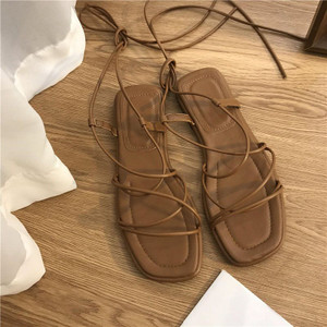 Women Summer Sandals Square Toe Pu Leather Ankle Strap Ladies Flat Beach Shoes Fashion Rome Cross-Tie Female Sandal Women Summer Sandals Square Toe Pu Leather Ankle Strap Ladies Flat Beach Shoes Fashion Rome Cross-Tie Female Sandal